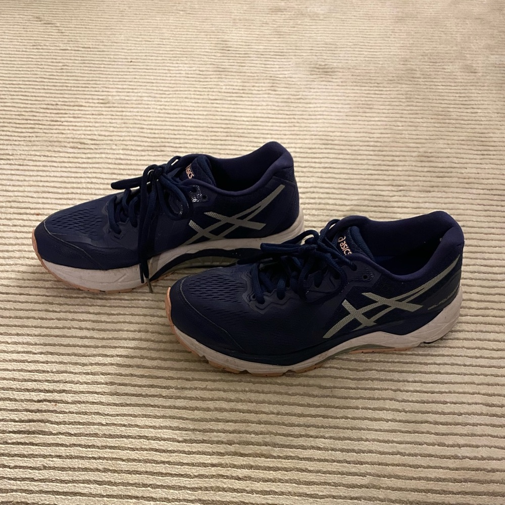 Navy/pink/white ASICS running shoes, size 7.5, used